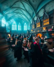 Immerse yourself in a long exposure photograph of a magical school teeming with young wizards, creating a mystic and enchanti