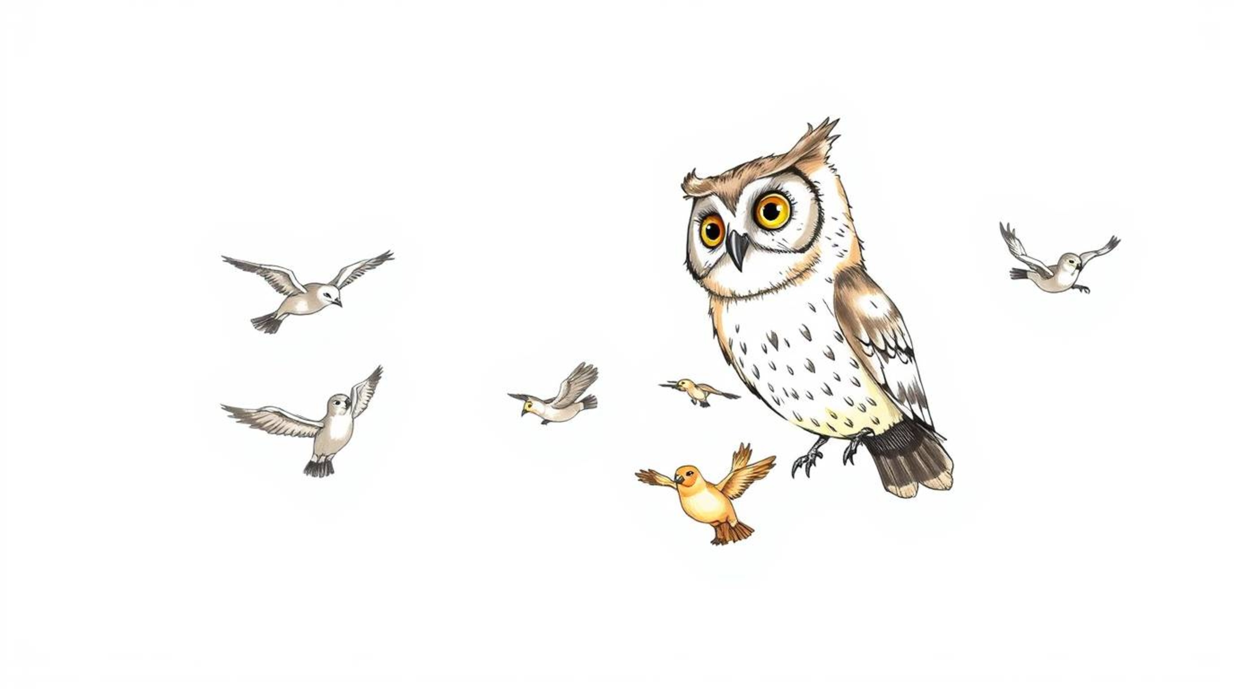 A heartwarming hand-drawn sketch in the style of Pixar animation depicts a kind-eyed blind owl patiently guiding a diverse gr