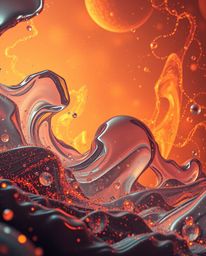 A visually stunning scene showcasing glassy fluid 3D shapes in dynamic motion, enveloped by vibrant, glowing particles. Prese