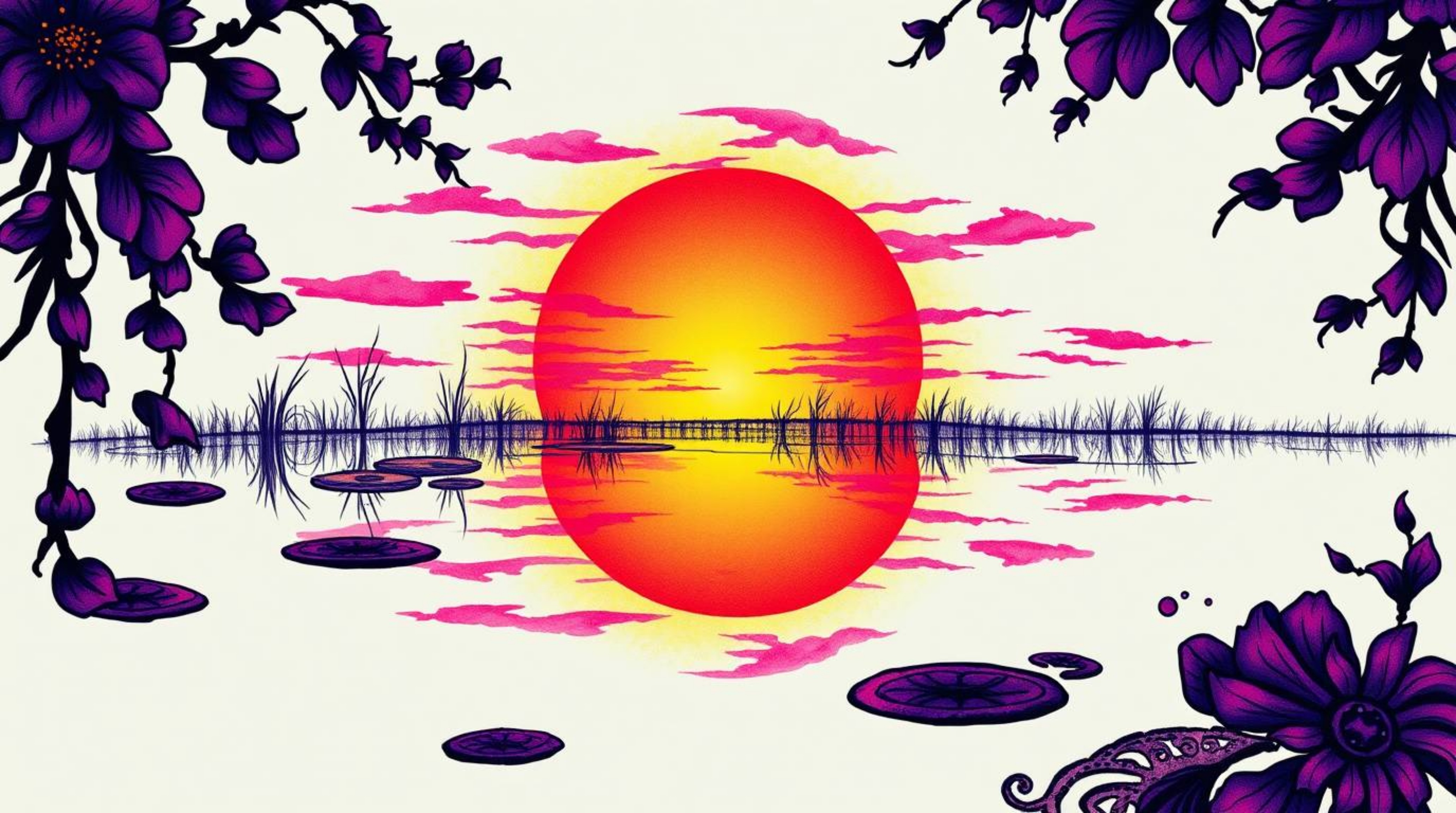 A stunning close-up showcases a vibrant sunset reflected in a calm pond, rendered in a symbolic traditional tattoo art style 