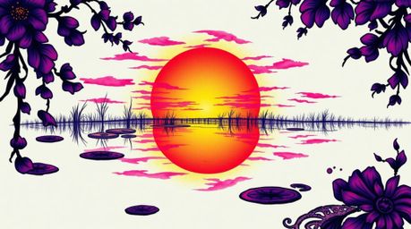 A stunning close-up showcases a vibrant sunset reflected in a calm pond, rendered in a symbolic traditional tattoo art style 