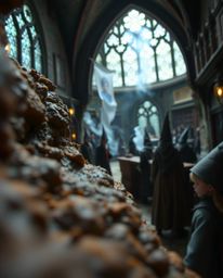Explore the intricate details of a magical school teeming with young wizards through extreme macro close-up photography. This
