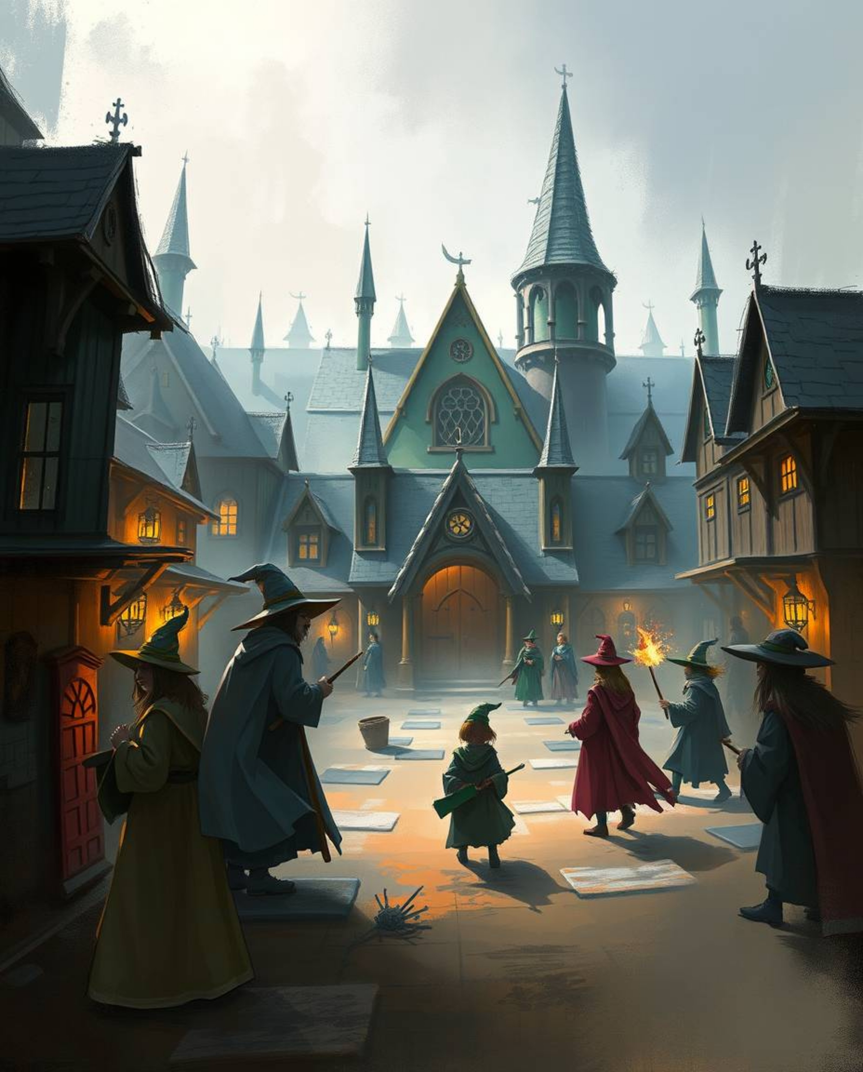 Discover a captivating digital sketch of a magical school brimming with young wizards. Rendered in vibrant, complementary co