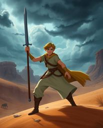 Embark on a thrilling Disney-style desert adventure with a brave hero facing intense dramatic weather and stormy skies. Exper