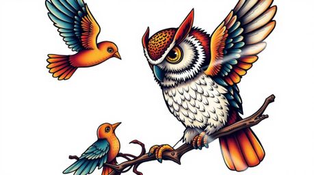 This traditional tattoo art print features a charming, Pixar-style blind owl imparting the skill of flight to a group of eage