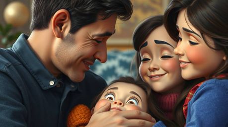 Experience a heartwarming and visually stunning family reunion rendered in the style of a classic oil painting with Pixar's s