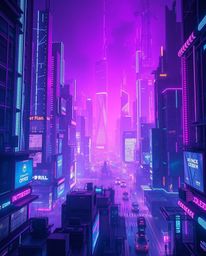An epic, grand scene of a futuristic city malfunctioning in glitch mode, awash in deep ultraviolet hues and lens flare. The i
