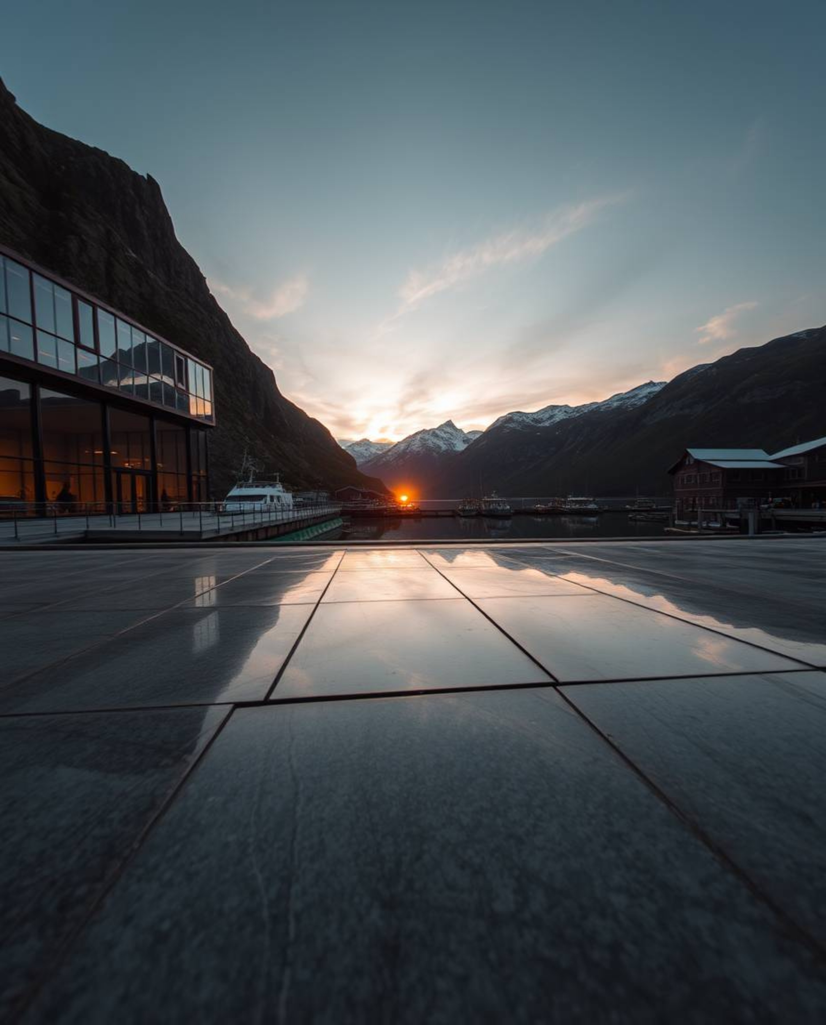 A high-angle architectural photograph captures a sunset reflected in a glassy fjord. This wide-angle shot, taken from an elev