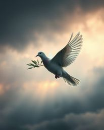 A powerful image of a dove carrying an olive branch through turbulent, stormy skies, rendered with a soft cinematic haze and 