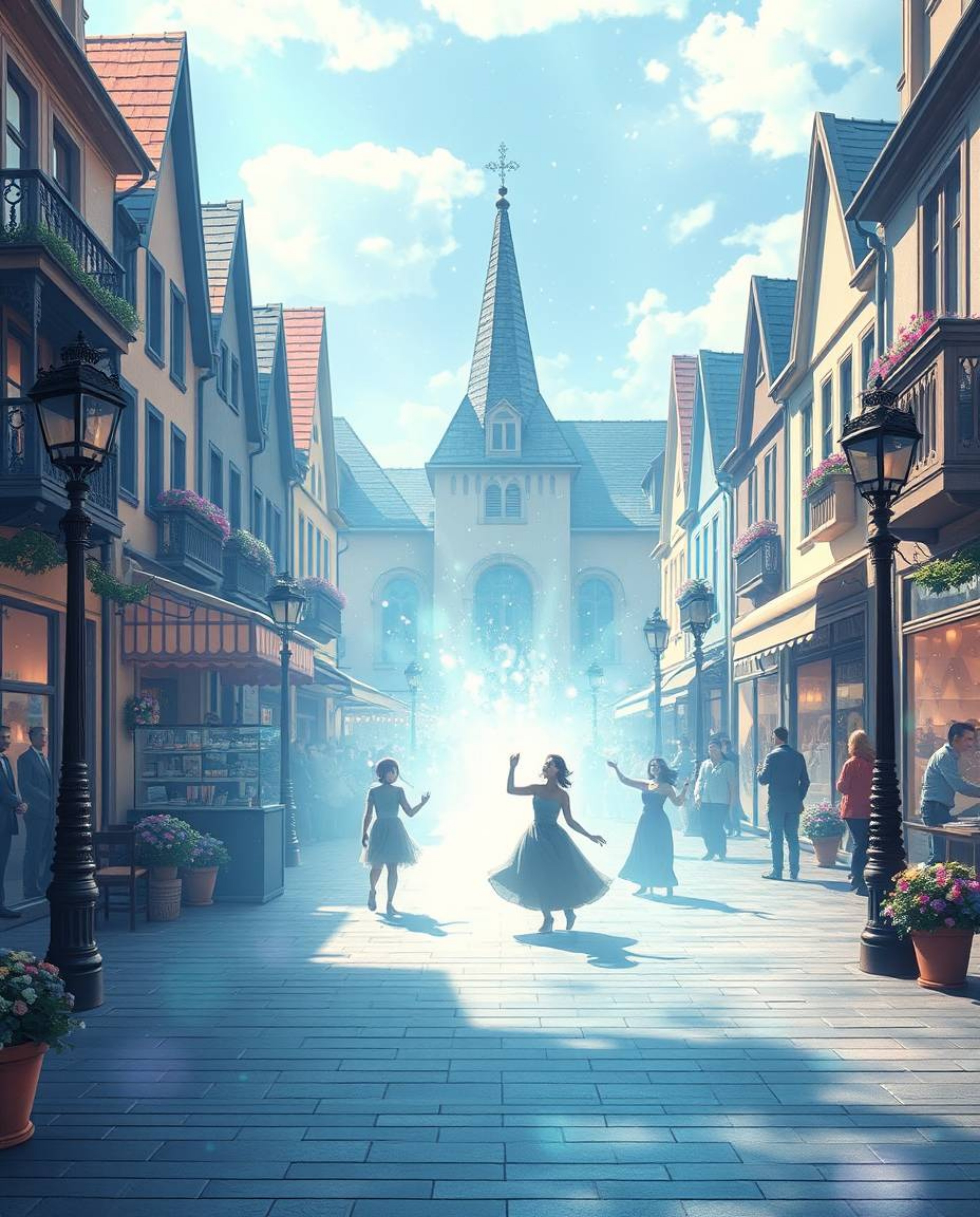 A captivating musical performance unfolds in a vibrant town square, radiating an ethereal and spiritual atmosphere.  The scen