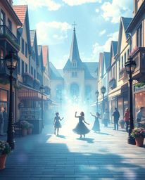 A captivating musical performance unfolds in a vibrant town square, radiating an ethereal and spiritual atmosphere. The scen