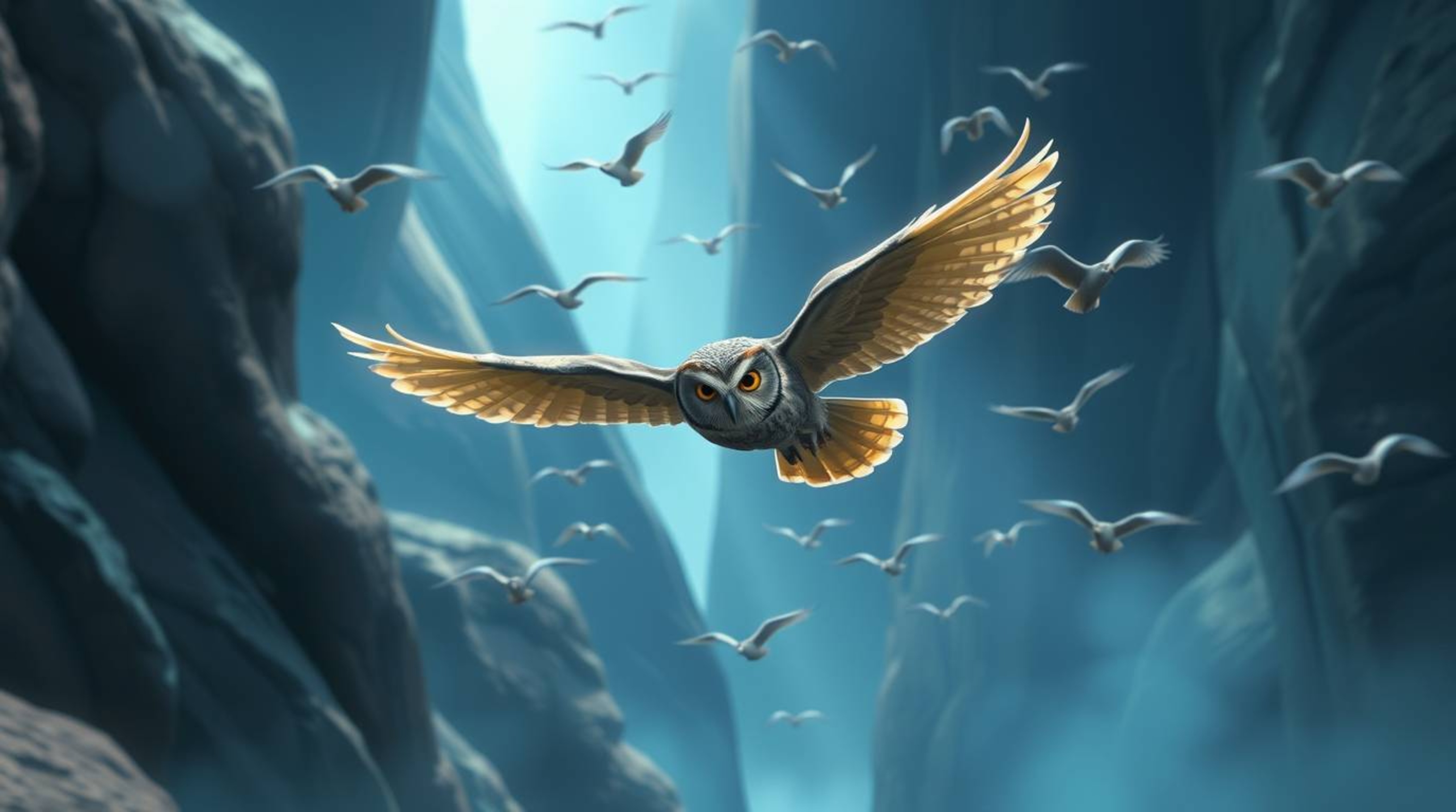 This stunning digital painting, rendered in a captivating Pixar style, features a blind owl with feathers that have a subtle,