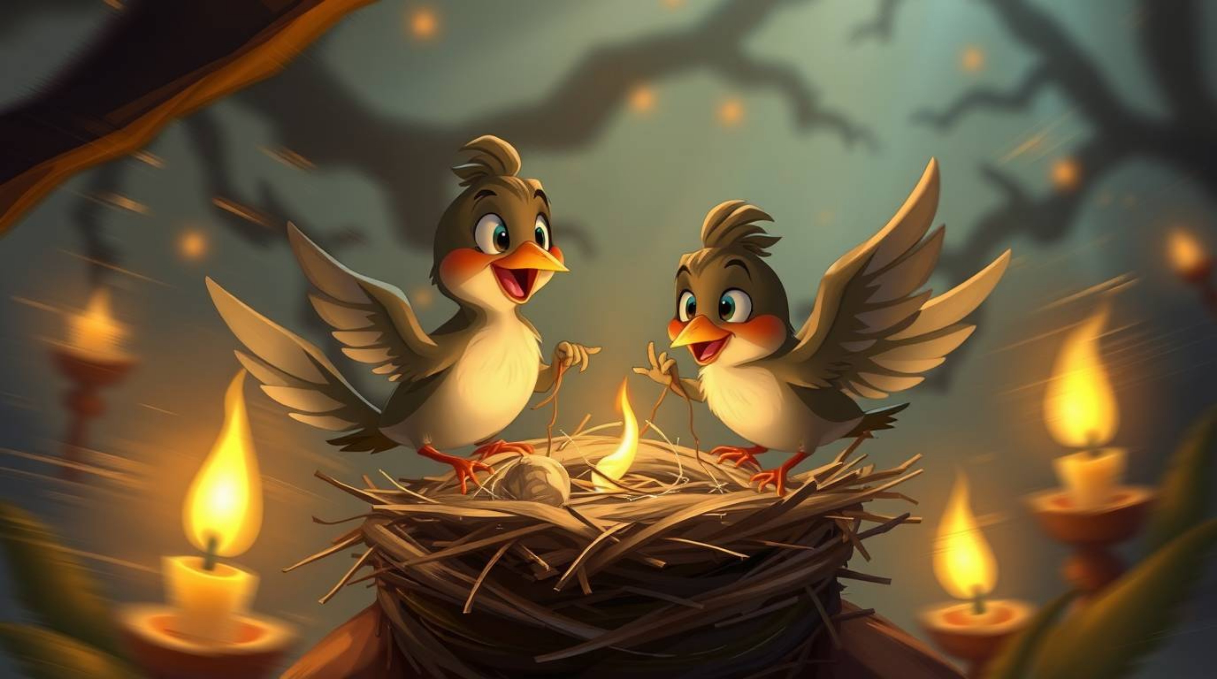 A captivating digital painting showcases two cartoon birds diligently building a nest in a style reminiscent of classic anima