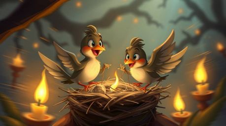 A captivating digital painting showcases two cartoon birds diligently building a nest in a style reminiscent of classic anima