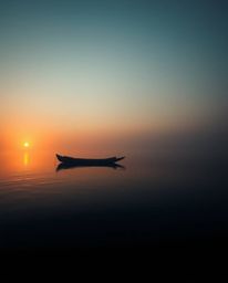This is an intensely jet black image of a boat drifting on a lake at sunset. The scene is characterized by a soft cinematic h