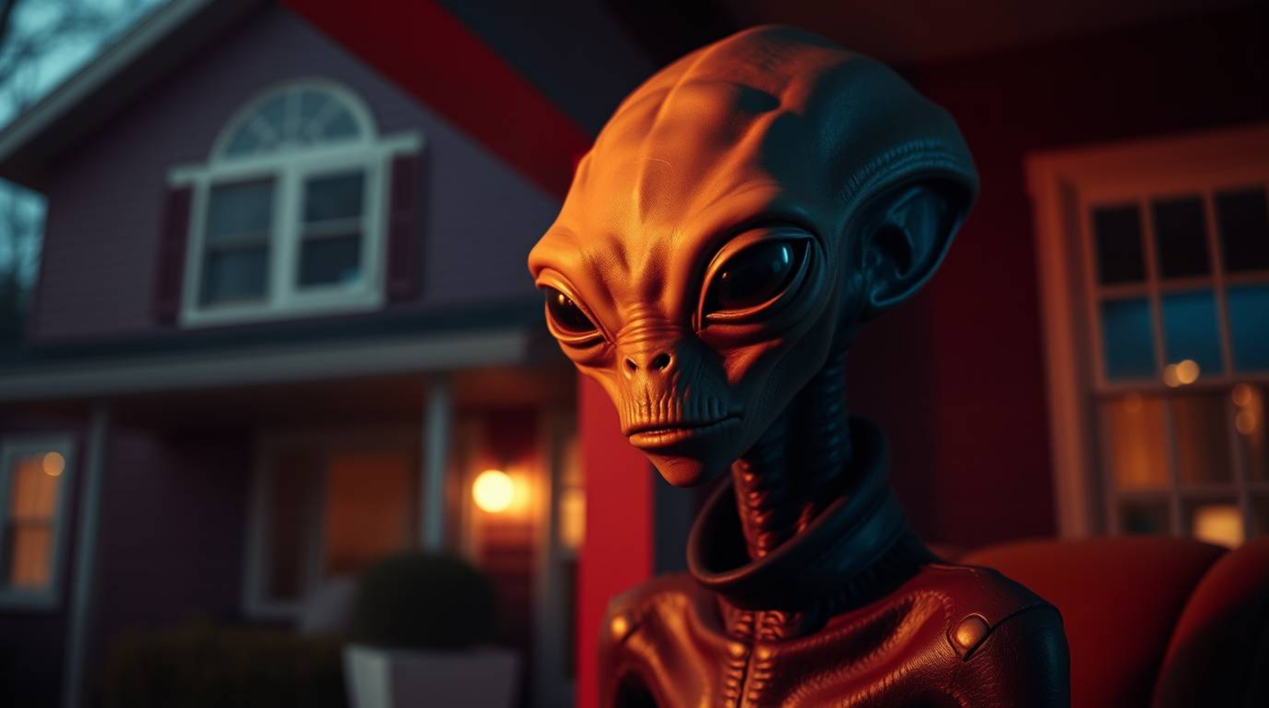 A professionally shot photograph showcases an alien residing in a sophisticated suburban home, decorated in rich burgundy and