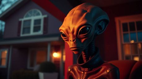 A professionally shot photograph showcases an alien residing in a sophisticated suburban home, decorated in rich burgundy and