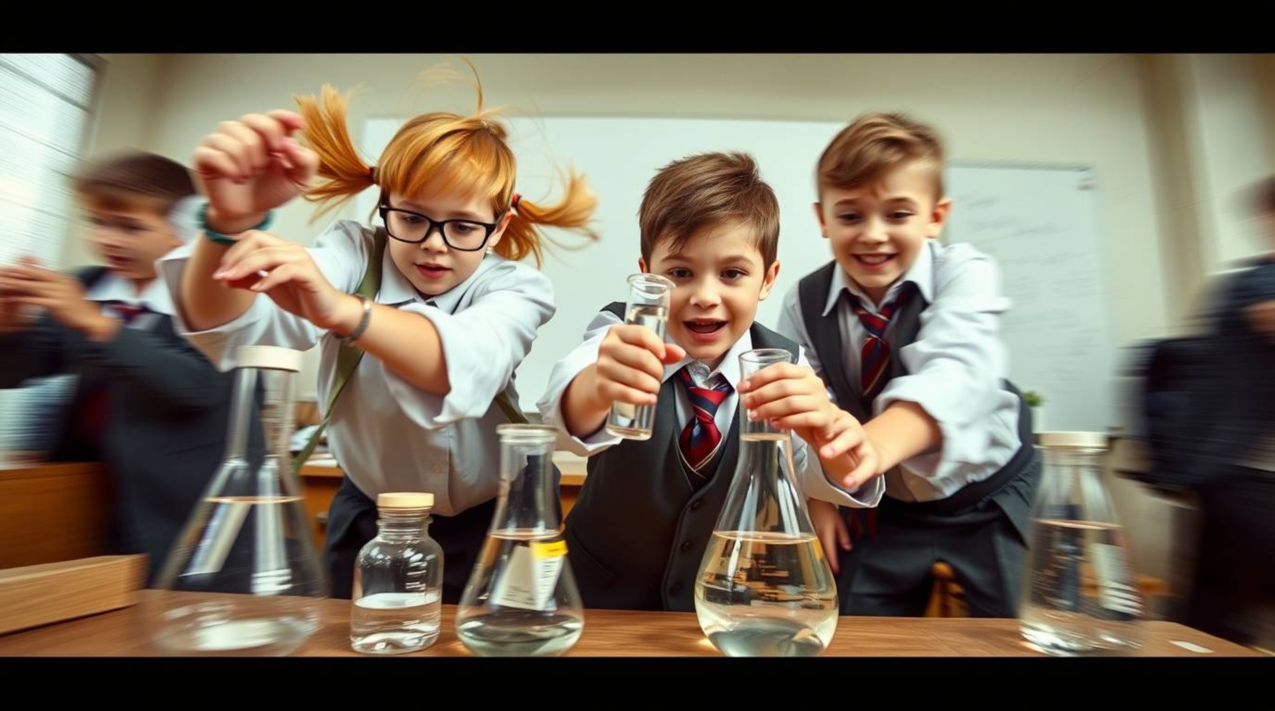 Capture the energy of playful discovery! This dynamic photograph showcases a group of quirky children in school uniforms, con