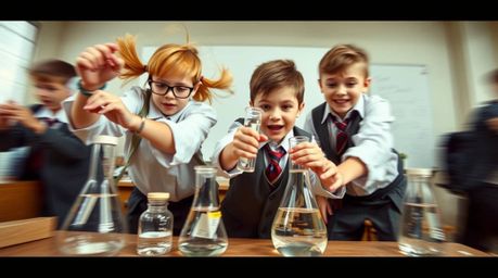 Capture the energy of playful discovery! This dynamic photograph showcases a group of quirky children in school uniforms, con
