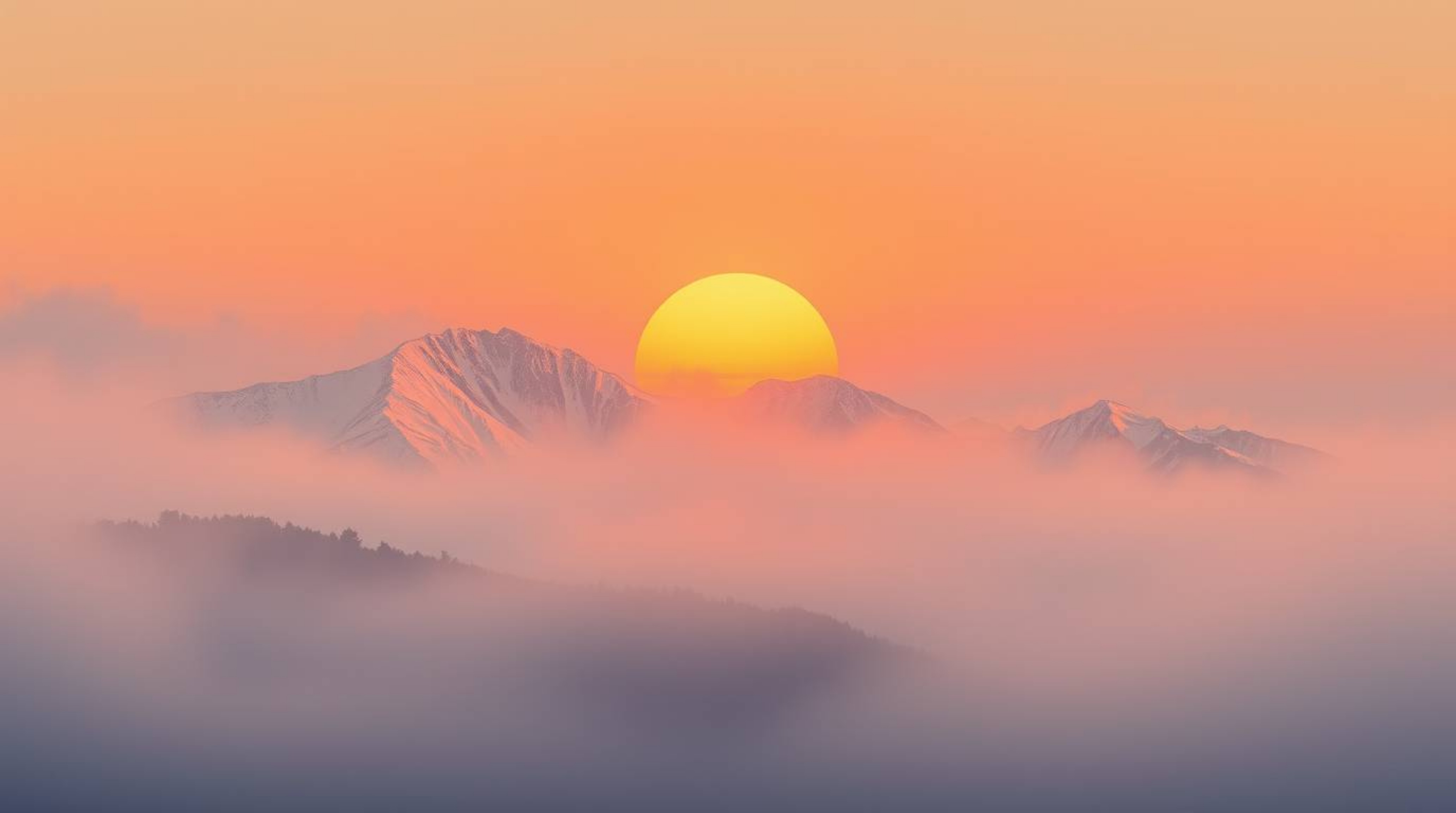 Experience the serene beauty of snow-capped mountains bathed in the warm glow of an autumn sunset.  Thick fog adds an etherea