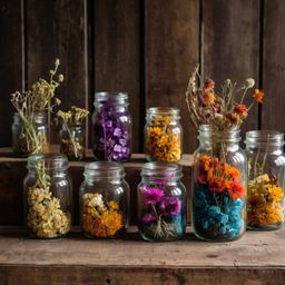 Elevate your home decor with this charming collection of colorful dried flowers, beautifully arranged in glass jars.  Set ato