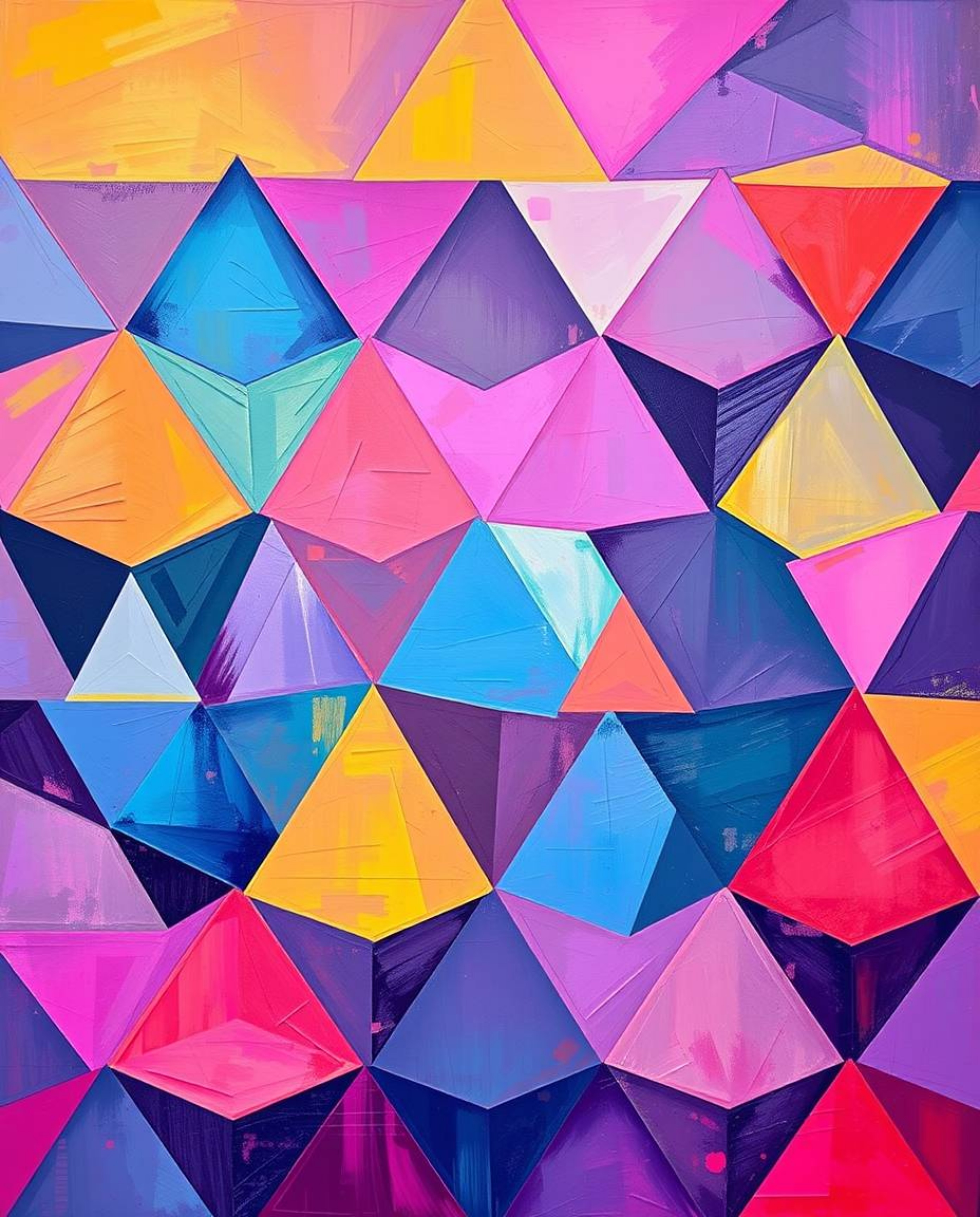This bold acrylic painting features a seamless geometric pattern of hexagons and triangles rendered in a striking neon palett