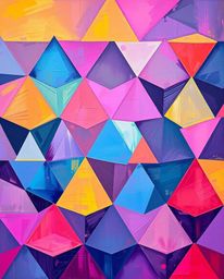 This bold acrylic painting features a seamless geometric pattern of hexagons and triangles rendered in a striking neon palett
