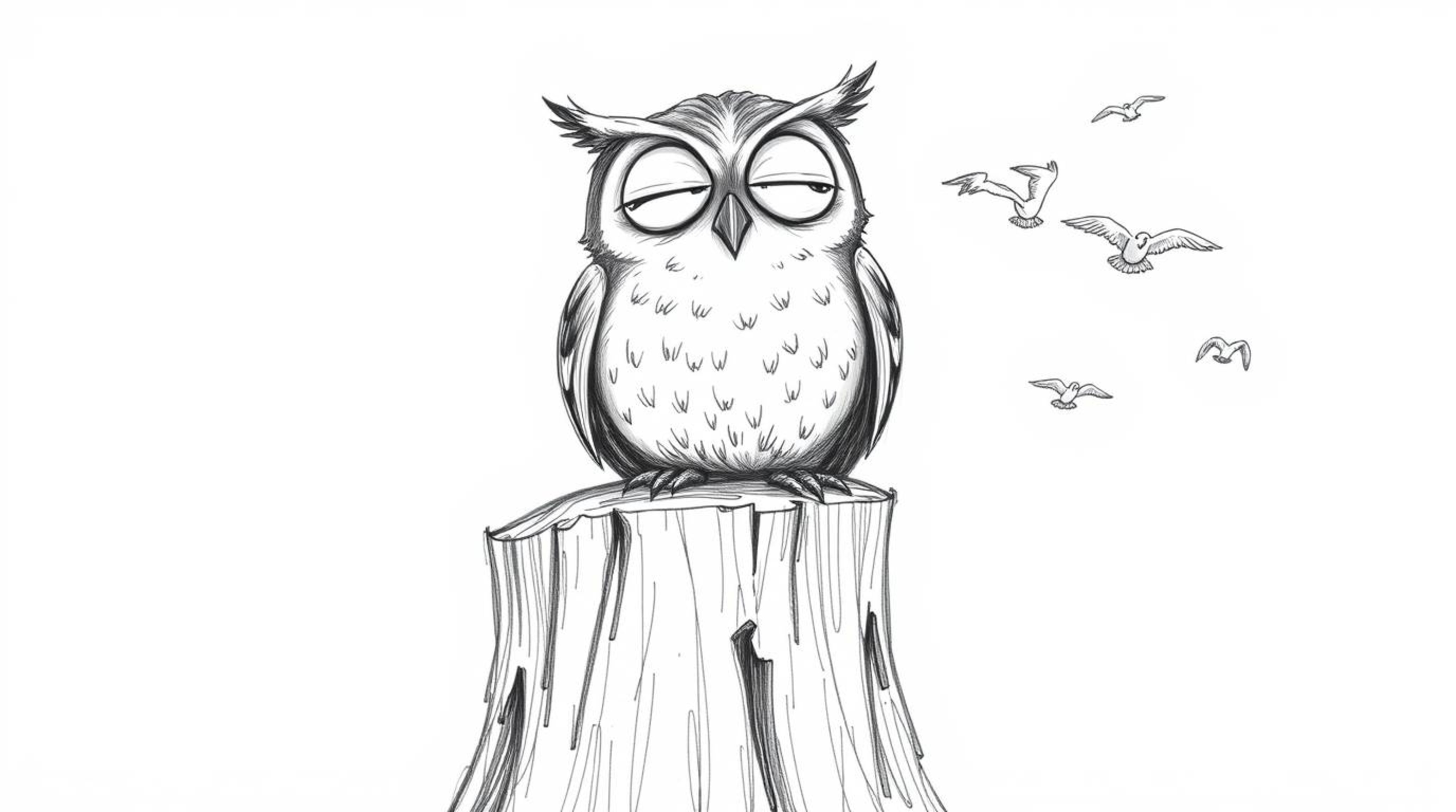 A heartwarming hand-drawn sketch depicts a blind, expressive owl with wrinkled features perched happily on a textured tree st