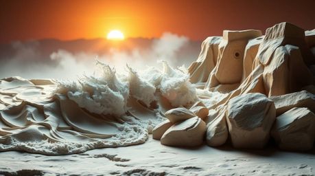 A stunning collection of sculptural clay artwork depicting waves crashing against cliffs at sunset, accentuated by volumetric