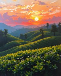 A classic oil painting of a sunset over terraced tea plantations, showcasing rich textures and visible brushstrokes. High con