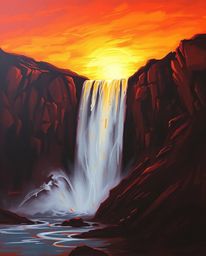 This is a masterful chiaroscuro painting of a dramatic waterfall at sunset. The artwork is defined by its use of strong contr