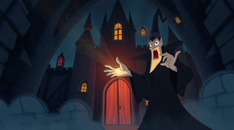 A moody style illustration depicting a classic Disney villain casting a powerful spell within the confines of an ancient cast