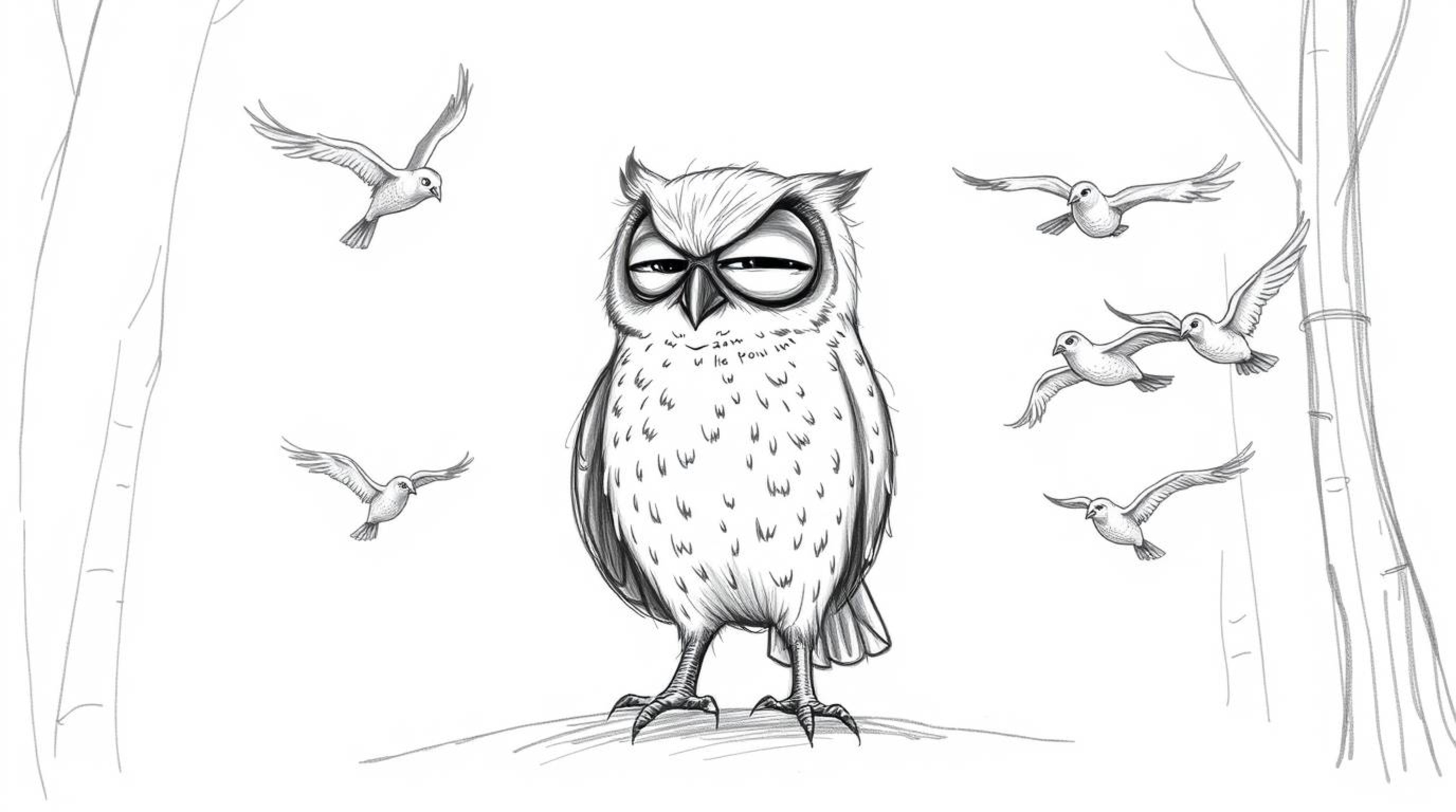 A captivating hand-drawn sketch depicts a wise, blind owl with wrinkled facial features and soft feathers, instructing a floc