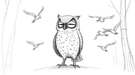 A captivating hand-drawn sketch depicts a wise, blind owl with wrinkled facial features and soft feathers, instructing a floc