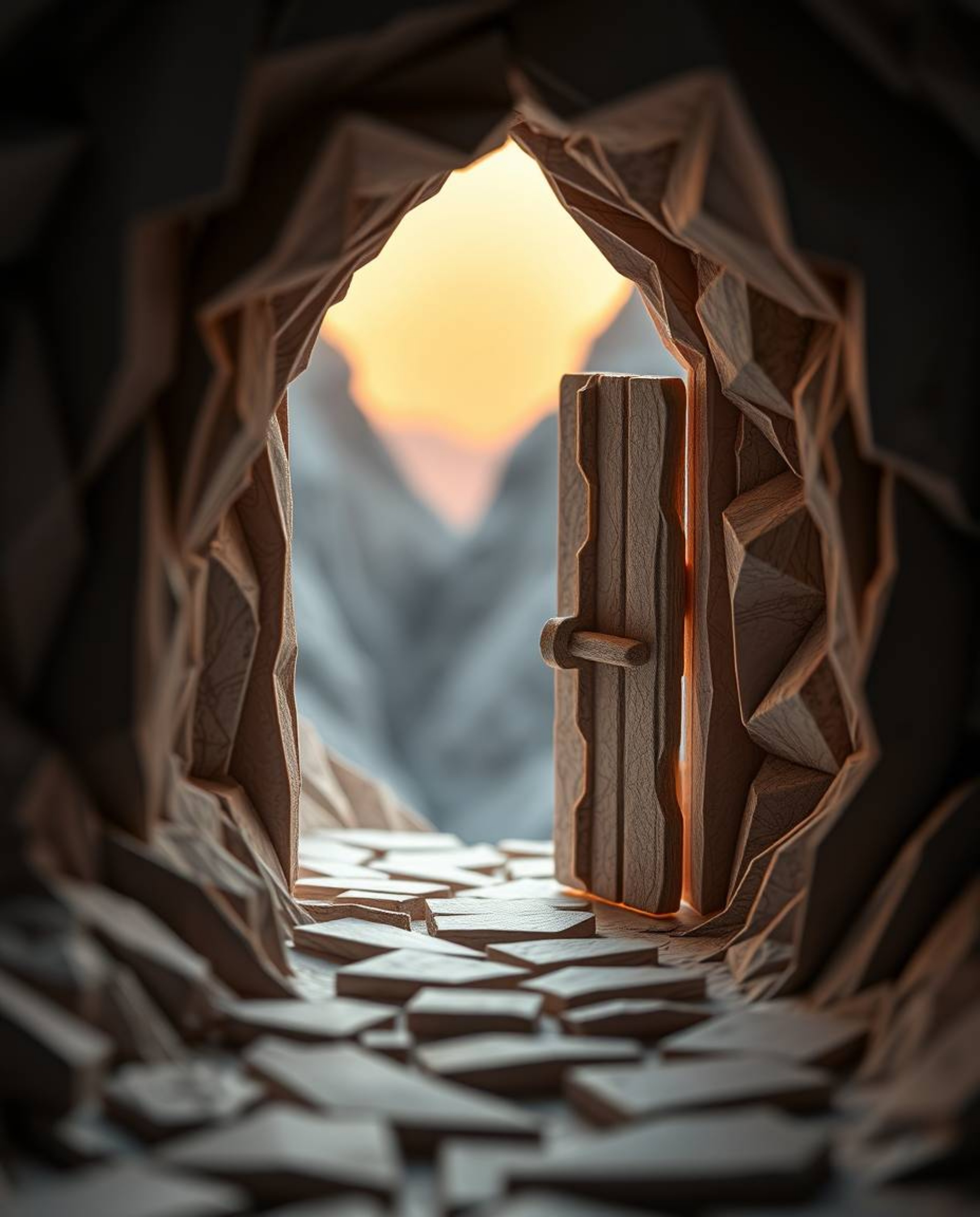 Explore the mesmerizing detail of an ancient doorway etched with glowing runes, nestled within a mountainside. This intricate