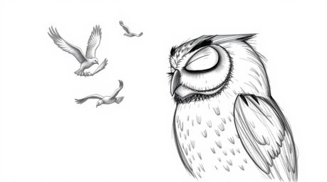 A captivating image of a blind owl, perhaps depicted in a hand-drawn sketch with textured pencil strokes reminiscent of Pixar