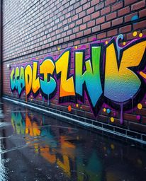 A wet rainy scene showcases graffiti-style colorful splashes dynamically adorning a brick wall, enhanced by smooth gradient t