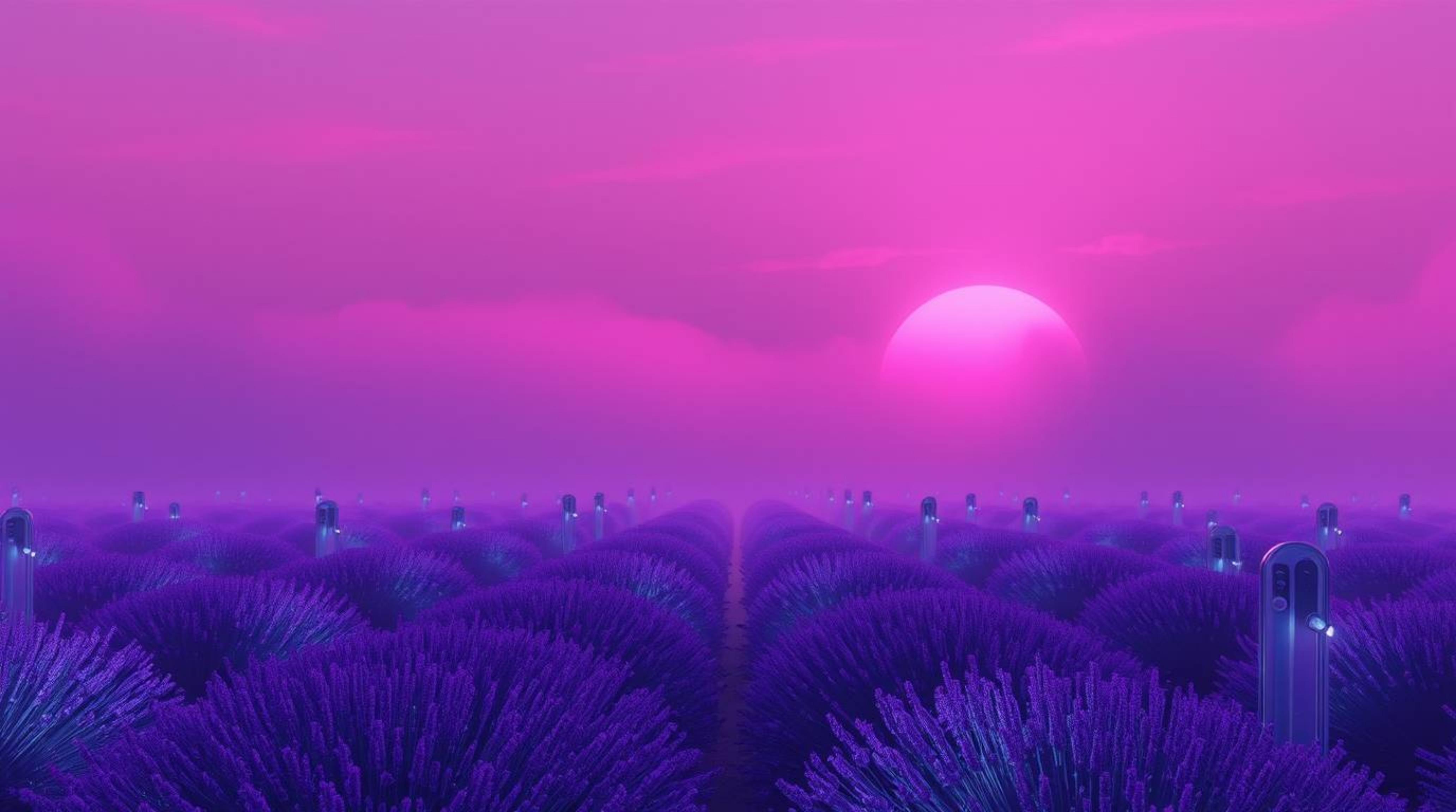 Immerse yourself in a futuristic sci-fi world with this stunning illustration showcasing lavender fields bathed in the soft g