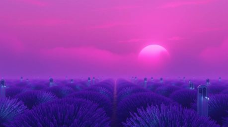 Immerse yourself in a futuristic sci-fi world with this stunning illustration showcasing lavender fields bathed in the soft g