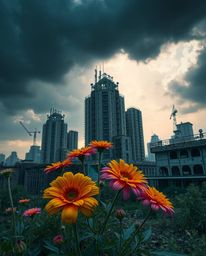 Stunning high-resolution images depict vibrant flowers blooming amidst the ruins of a post-apocalyptic city under stormy skie
