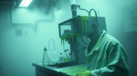Immerse yourself in a slime-covered science lab shrouded in thick fog, where a mesmerizing bokeh effect creates a sharp focus