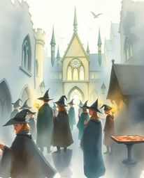 Immerse yourself in a delicate watercolor painting depicting a magical school teeming with young wizards. The artwork feature