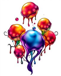 This art print features a symbolic traditional tattoo design with silhouetted, floating 3D blobs of vibrant, colorful fluid j