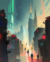 A dynamic digital sketch portrays an ethereal, spiritual futuristic city engulfed in a glitch effect.  Flickering lights, bro