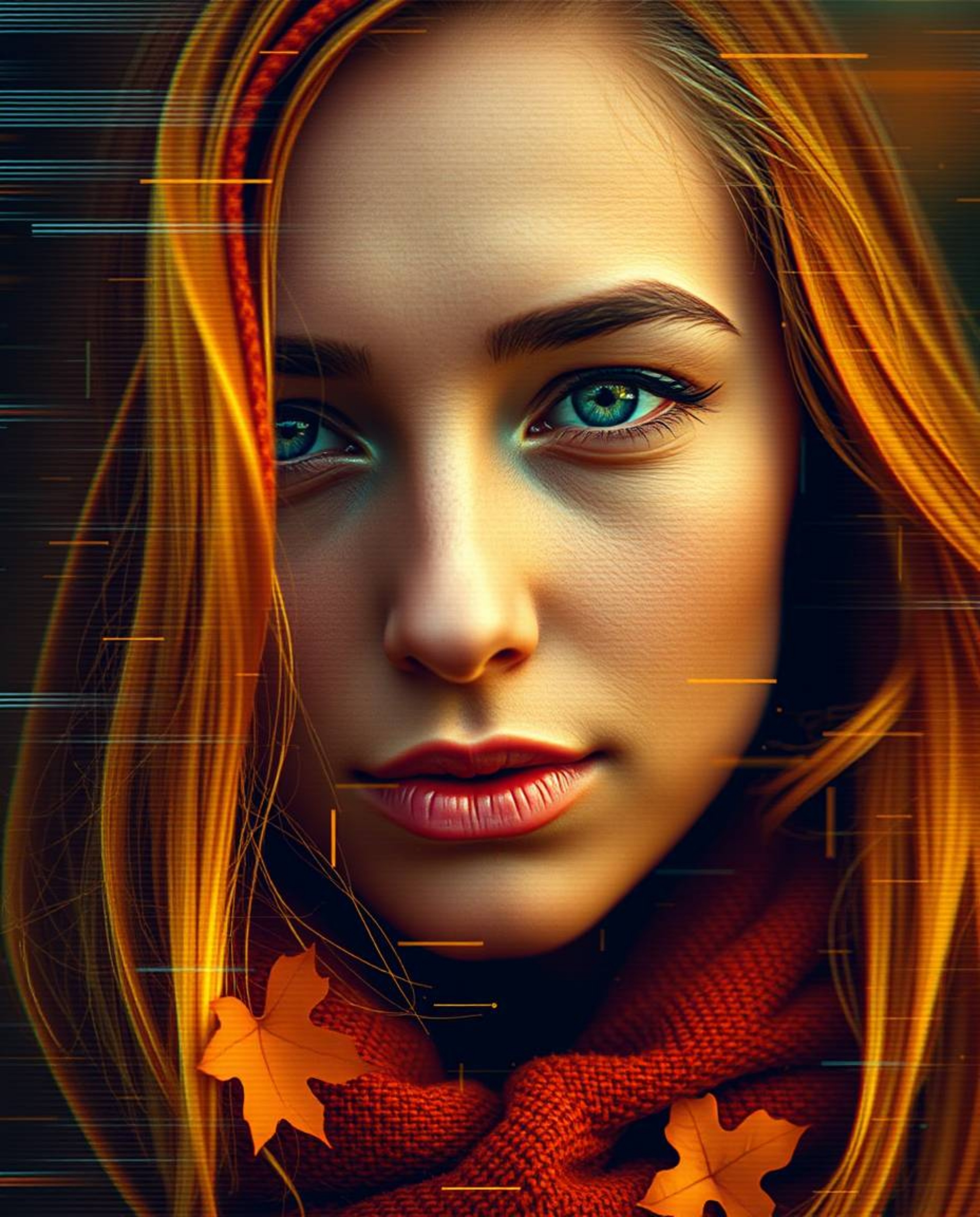 A captivating digital glitch art portrait showcasing a pixelated style with warm autumnal colors.  The tight close-up shot an