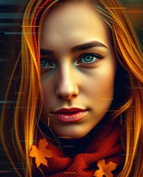 A captivating digital glitch art portrait showcasing a pixelated style with warm autumnal colors.  The tight close-up shot an