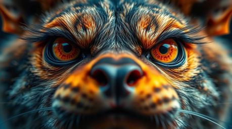Explore an extreme macro close-up capturing a sarcastic animal sidekick with intensely expressive eyes. This shot, showcasing