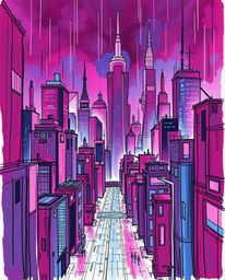 A sophisticated and elegant hand-drawn sketch depicting a futuristic city in glitch mode.  Featuring rich burgundy and deep b