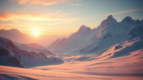 A breathtaking image depicts snow-capped mountains bathed in the soft glow of a pastel sunset.  This epic, futuristic scene f