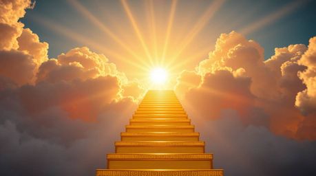 A breathtaking close-up captures a golden staircase ascending through billowing clouds towards a radiant heaven, bathed in su